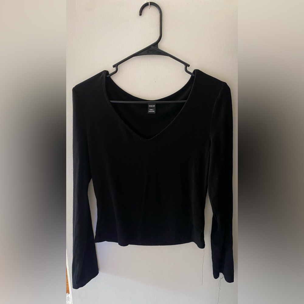 Long sleeve black v-neck top.